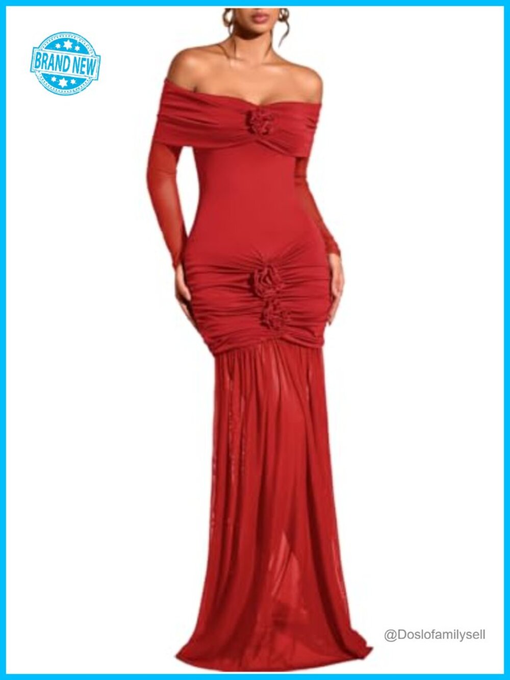 Off Shoulder Maxi Dress 3D Flower Mermaid Ruched Formal Gown